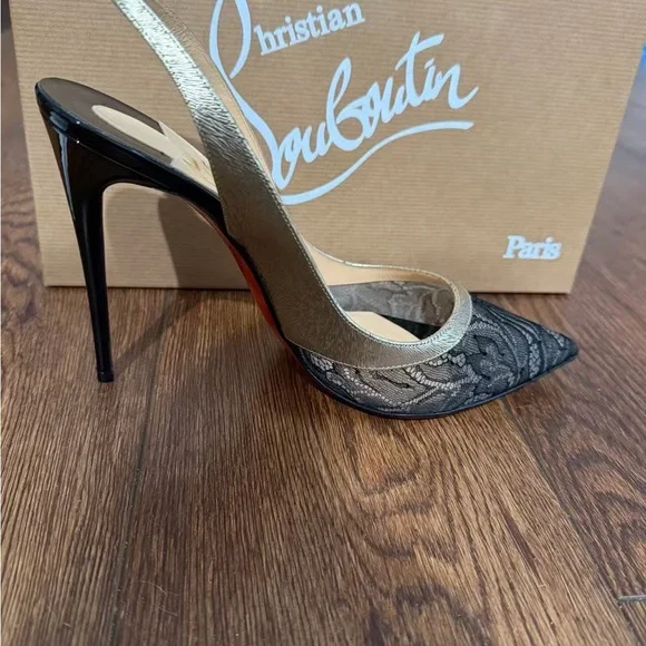 Christian Louboutin Black Lace and Metallic Gold Slingback Pumps - Picture 1 of 11